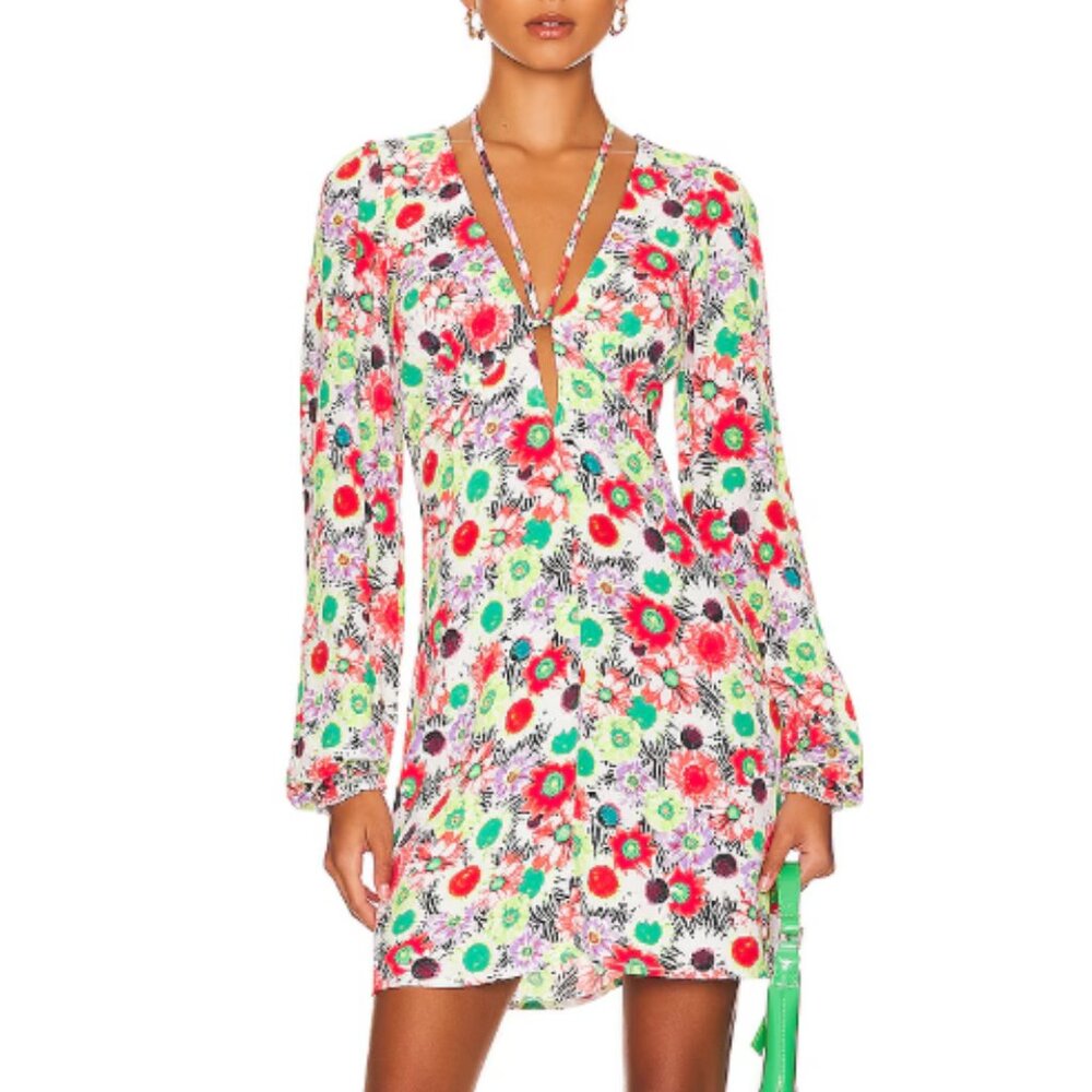 NWOT AFRM Caprice Mini Dress Summer Daisy Bouquet Floral Long Sleeve Plunge XS